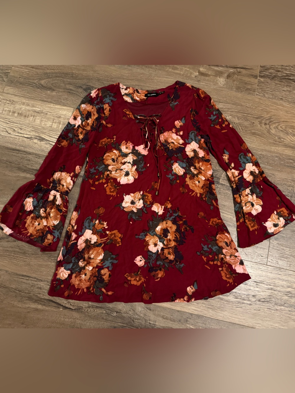 Blu Pepper Burgundy Floral Lace-Up Bell Sleeve Mini Dress